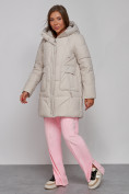 Купить Зимняя женская куртка молодежная с капюшоном бежевого цвета 586821B, фото 2