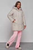 Купить Зимняя женская куртка молодежная с капюшоном бежевого цвета 586821B, фото 3