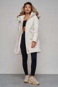 Купить Зимняя женская куртка молодежная с капюшоном бежевого цвета 586832B, фото 19