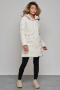Купить Зимняя женская куртка молодежная с капюшоном бежевого цвета 586832B, фото 2