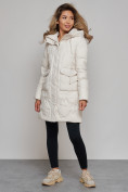 Купить Зимняя женская куртка молодежная с капюшоном бежевого цвета 586832B, фото 3