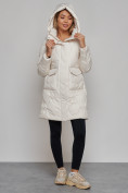 Купить Зимняя женская куртка молодежная с капюшоном бежевого цвета 586832B, фото 7