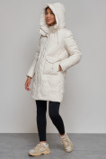 Купить Зимняя женская куртка молодежная с капюшоном бежевого цвета 586832B, фото 9