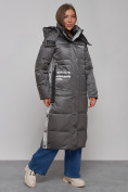 Купить Пальто утепленное молодежное зимнее женское темно-серого цвета 5873TC, фото 3