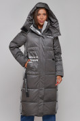 Купить Пальто утепленное молодежное зимнее женское темно-серого цвета 5873TC, фото 5