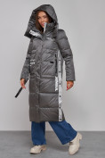 Купить Пальто утепленное молодежное зимнее женское темно-серого цвета 5873TC, фото 6