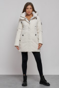 Купить Зимняя женская куртка молодежная с капюшоном бежевого цвета 589003B