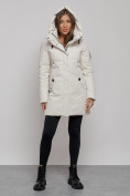 Купить Зимняя женская куртка молодежная с капюшоном бежевого цвета 589003B, фото 5