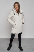 Купить Зимняя женская куртка молодежная с капюшоном бежевого цвета 589003B, фото 6