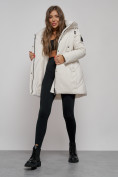 Купить Зимняя женская куртка молодежная с капюшоном бежевого цвета 589003B, фото 7