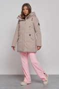 Купить Зимняя женская куртка молодежная с капюшоном коричневого цвета 589003K, фото 2