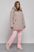 Купить Зимняя женская куртка молодежная с капюшоном коричневого цвета 589003K, фото 3