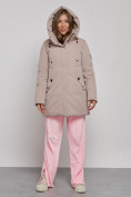 Купить Зимняя женская куртка молодежная с капюшоном коричневого цвета 589003K, фото 5