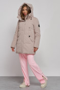 Купить Зимняя женская куртка молодежная с капюшоном коричневого цвета 589003K, фото 6