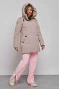 Купить Зимняя женская куртка молодежная с капюшоном коричневого цвета 589003K, фото 7
