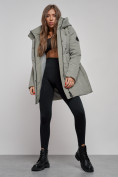 Купить Зимняя женская куртка молодежная с капюшоном цвета хаки 589003Kh, фото 13