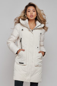 Купить Зимняя женская куртка молодежная с капюшоном бежевого цвета 589006B, фото 18
