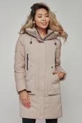 Купить Зимняя женская куртка молодежная с капюшоном коричневого цвета 589006K, фото 11