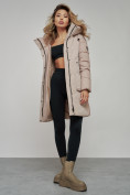Купить Зимняя женская куртка молодежная с капюшоном коричневого цвета 589006K, фото 19