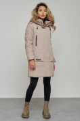 Купить Зимняя женская куртка молодежная с капюшоном коричневого цвета 589006K, фото 2