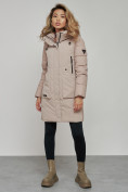 Купить Зимняя женская куртка молодежная с капюшоном коричневого цвета 589006K, фото 3