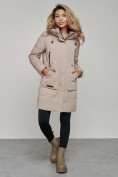 Купить Зимняя женская куртка молодежная с капюшоном коричневого цвета 589006K, фото 5