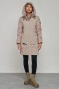 Купить Зимняя женская куртка молодежная с капюшоном коричневого цвета 589006K, фото 6