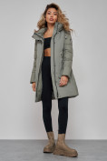 Купить Зимняя женская куртка молодежная с капюшоном цвета хаки 589006Kh, фото 17