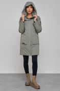 Купить Зимняя женская куртка молодежная с капюшоном цвета хаки 589006Kh, фото 5