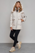 Купить Зимняя женская куртка модная с капюшоном бежевого цвета 589827B, фото 10