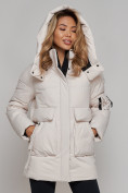Купить Зимняя женская куртка модная с капюшоном бежевого цвета 589827B, фото 11