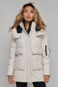 Купить Зимняя женская куртка модная с капюшоном бежевого цвета 589827B, фото 12