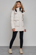 Купить Зимняя женская куртка модная с капюшоном бежевого цвета 589827B, фото 2