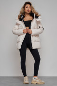 Купить Зимняя женская куртка модная с капюшоном бежевого цвета 589827B, фото 21