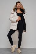 Купить Зимняя женская куртка модная с капюшоном бежевого цвета 589827B, фото 22