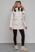 Купить Зимняя женская куртка модная с капюшоном бежевого цвета 589827B, фото 25