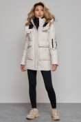 Купить Зимняя женская куртка модная с капюшоном бежевого цвета 589827B, фото 3