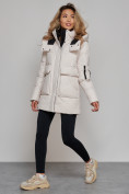 Купить Зимняя женская куртка модная с капюшоном бежевого цвета 589827B, фото 5