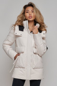 Купить Зимняя женская куртка модная с капюшоном бежевого цвета 589827B, фото 7