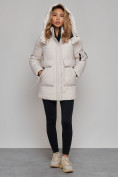Купить Зимняя женская куртка модная с капюшоном бежевого цвета 589827B, фото 8