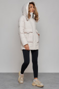 Купить Зимняя женская куртка модная с капюшоном бежевого цвета 589827B, фото 9