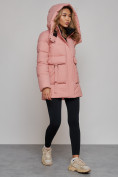 Купить Зимняя женская куртка модная с капюшоном розового цвета 589827R, фото 7