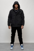 Купить Куртка спортивная мужская весенняя с капюшоном черного цвета 705Ch, фото 15