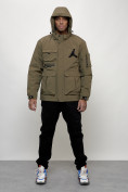 Купить Куртка спортивная мужская весенняя с капюшоном темно-бежевого цвета 705TB, фото 5