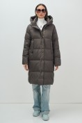 Купить Пальто зимнее утепленное с капюшоном женское темно-коричневого цвета 7618TK, фото 11