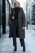 Купить Пальто зимнее утепленное с капюшоном женское темно-коричневого цвета 7623TK, фото 2