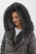 Купить Двубортное пальто зимнее утепленное с мехом и капюшоном темно-серого цвета 7626TC, фото 15