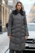 Купить Двубортное пальто зимнее утепленное с мехом и капюшоном темно-серого цвета 7626TC, фото 5
