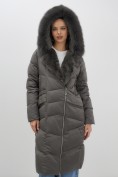 Купить Двубортное пальто зимнее утепленное с мехом и капюшоном темно-серого цвета 7626TC, фото 10