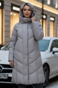 Купить Пальто зимнее утепленное с капюшоном женское серого цвета 7628Sr